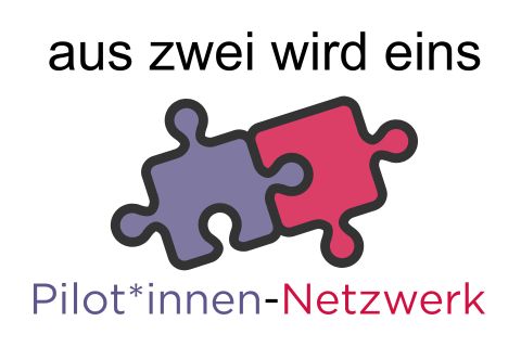Das Bild zeigt zwei Puzzle-Stücke die zusammenpassen. Die Projekte Elternnetzwerk und PILOT werden zu einem. Darüber steht „aus zwei wird eins“, darunter steht der neue Projektname „Pilot*innen-Netzwerk“.