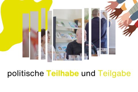 Bild mit dem Titel „politische Teilhabe und Teilgabe“, einem Foto mit drei Personen und vielen Händen.