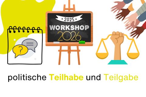 Ein Bild mit verschiedenen passenden Symbole zum Projekt „politische Teilhabe und Teilgabe“: ein Notizblock mit Sprech- und Deckblase, eine Tafel mit „2025 Workshop 2026“ und eine Hand die eine Waage hält.
