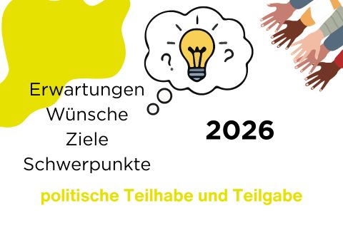Auf dem Bild ist eine Glühbirne zu sehen, welche für „Ideen“ steht. Auf dem Bild stehen auch die Begriffe: Erwartungen, Wünsche, Ziele und Schwerpunkte 2026.