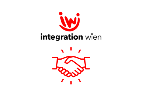 Das Logo von Integration Wien in roter Schrift und einem stilisierten 'iwi' darüber. Darunter befindet sich eine rote Grafik zweier Hände, die sich zum Handschlag treffen, mit kleinen Linien, die den Handschlag hervorheben.