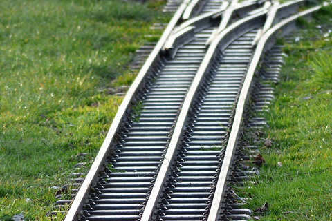 Das Bild zeigt zwei Gleisspuren, die auf ein Gleis zusammenführen. Links und rechts davon wächst grünes Gras.wächst grünes Gras.