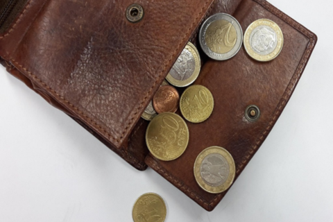 Braune geöffnete Geldbörse mit unterschiedlichen Euro- und Centmünzen