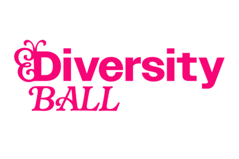 Rosa Logo des Diversity Ball auf weißem Hintergrund, das D ist ein Schmetterling.
