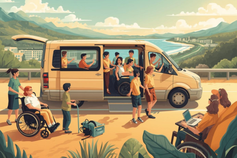 Menschen mit unterschiedlichen Behinderungen reisen gemeinsam. Assistenzkräfte helfen beim Einsteigen in einen barrierefreien Minivan. Im Hintergrund sind Berge, Strand und Stadt.