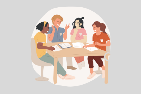 Illustration von vier Personen, die gemeinsam an einem Tisch sitzen, lachen und miteinander sprechen. Auf dem Tisch liegen Bücher und Blätter – sie wirken, als würden sie zusammen ein Projekt besprechen.
