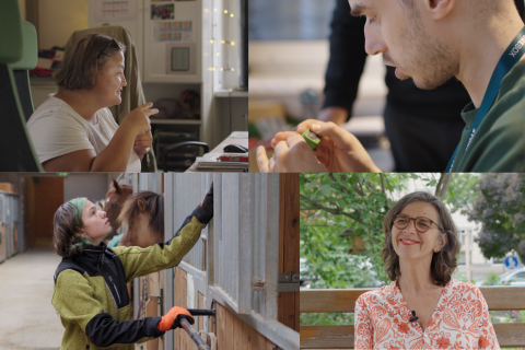 4 Fotos: Foto 1 zeigt eine Dame beim Gespräch; Bild 2 zeigt einen jungen Mann beim Arbeiten; Bild 3 zeigt eine junge Dame im Reitstall; Foto 4 zeigt eine lächelnde Dame
