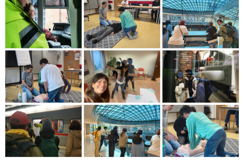 Fotocollage mit Bildern die die Pilot-Teilnehmer*innen bei einem Ausflug, bei einem Erste Hilfe Kurs, bei einer Sicherheitsschulung der Wiener Linien und bei einem lustigen Gruppenfoto zeigen. Man sieht die Menschen z.B. beim Beatmen eines Erste Hilfe Dummies oder vor der U-Bahn stehen. 