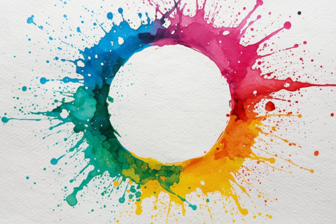 Kreis mit bunten Farbspritzern.