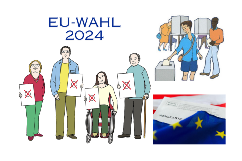 Grafik zur EU Wahl 2024. Verschiedene Menschen, darunter eine Frau im Rollstuhl und ein Mann mit Stock halten einen Zettel mit gültigem Wahl-Kreuzerl vor sich. Zweites Bild: Menschen bei der Wahl, die ihre Stimmzettel in die Wahlurne werfen. Drittes Bild: Foto einer Wahlkarte neben einer EU-Flagge