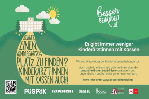 Sujet von besserbehandelt zum Thema Kinderärzt:innen mit folgendem Text: Schwer einen Kindergartenplatz zu finden? Kinderärzt:innen mit Kassa auch! Es gibt immer weniger Kinderärzt:innen mit Kassen. Wir sind Unterstützer:innen der Plattform besserbehandelt.at. Mach auch du mit und setz dich dafür ein, dass die gesundheitlichen Bedürfnisse von Kindern und Jugendlichen endlich ernst genommen werden. Mehr Infos unter www.besserbehandelt.at